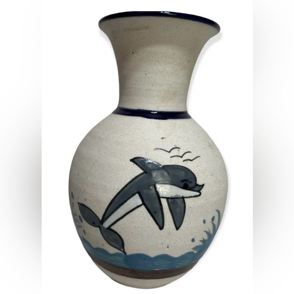 Hand Made Tonala Vase‎ Dolphin Mexico Signed Inside Glazed 9"